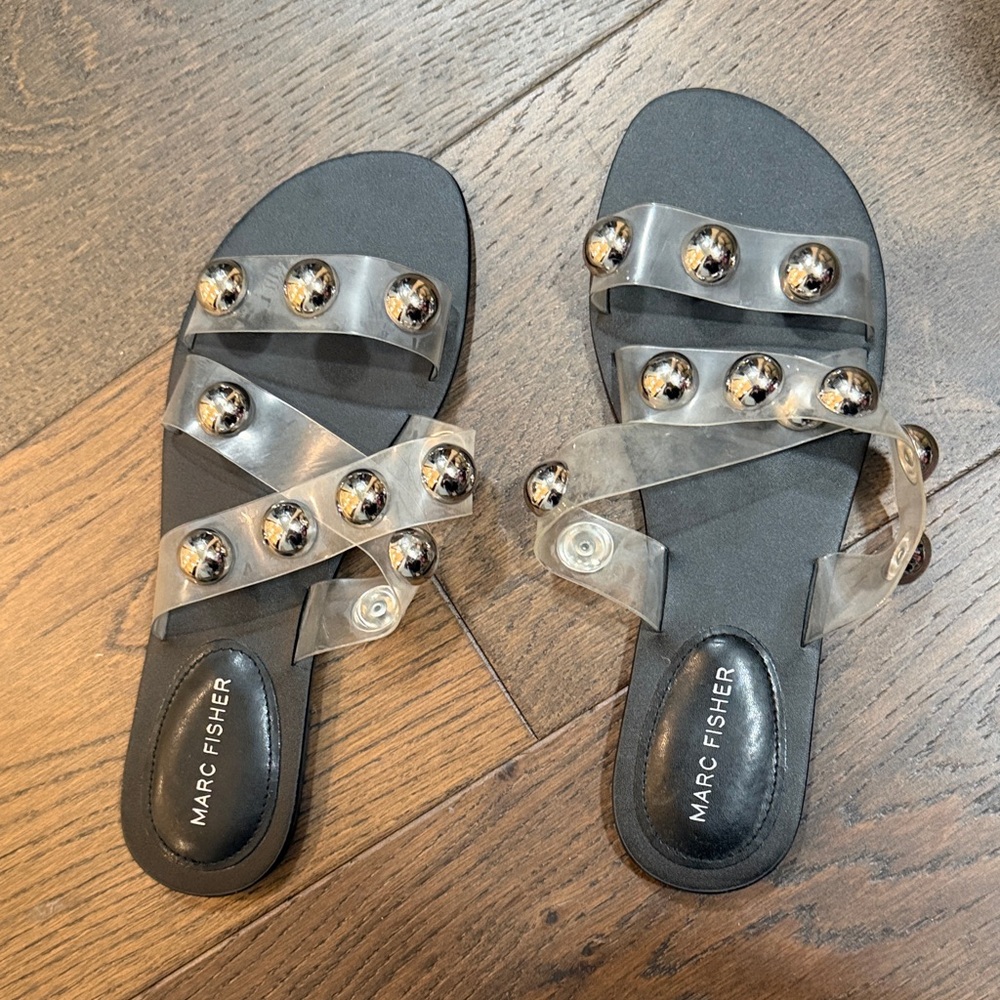Marc Fisher Black and Clear Studded Sandals